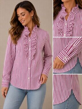Vineyard Vines Pink White Striped Ruffle Front Button Down Shirt Womens 10